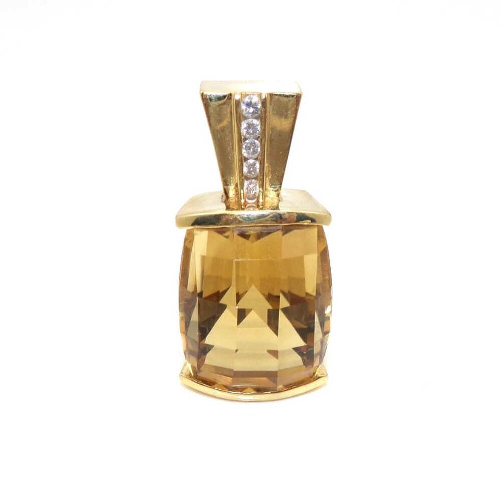 14K Yellow Gold Large Heavy Orange Citrine Diamond Pendant